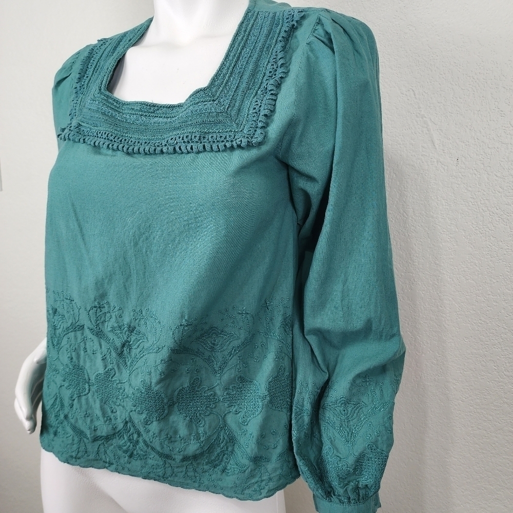 Zara Basic Green Square Neck Boho Embroidered 3/4… - image 3